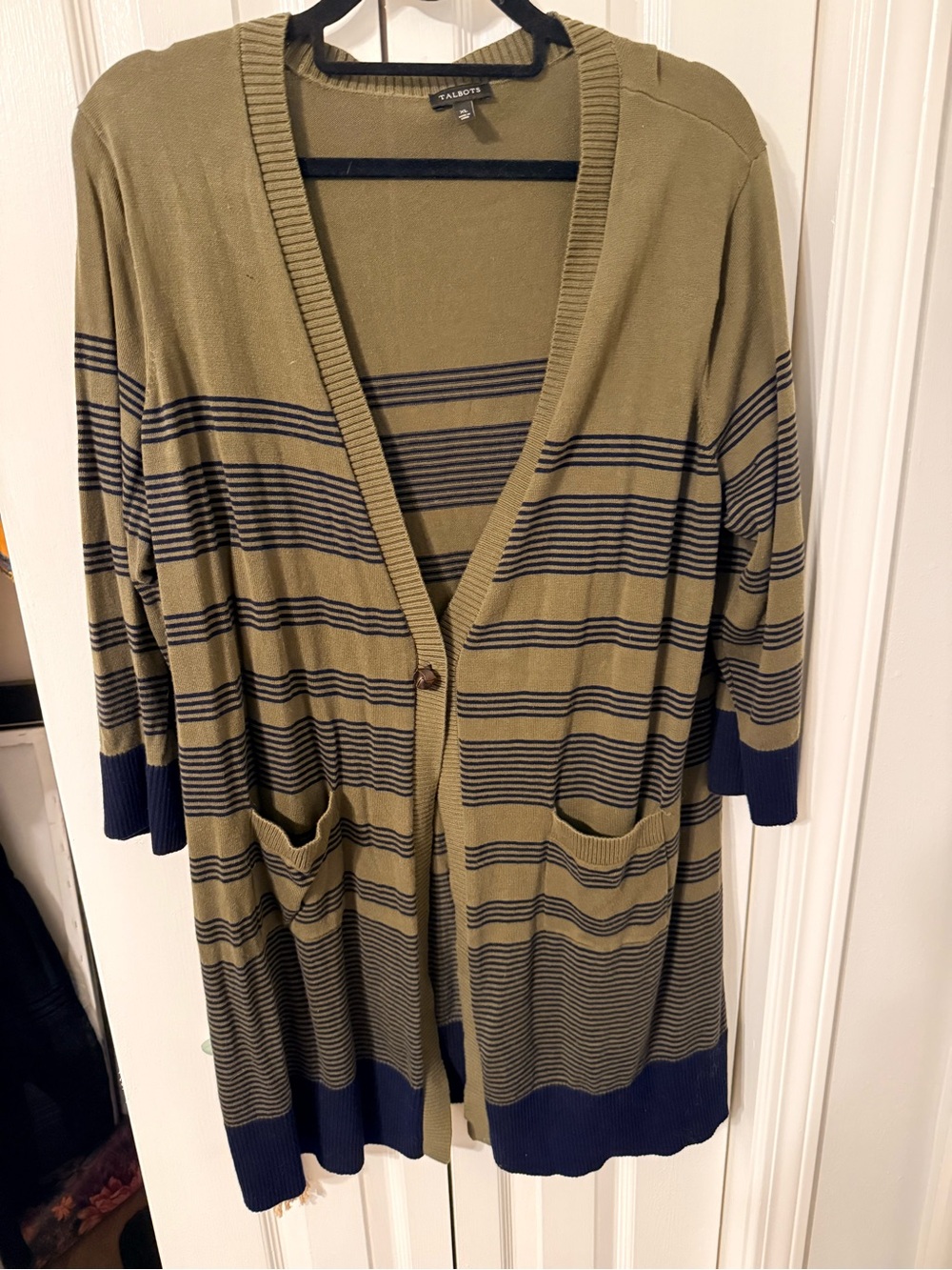 Talbots XL Pima Cotton Long Cardigan Olive Green Navy Stripe Duster Pockets